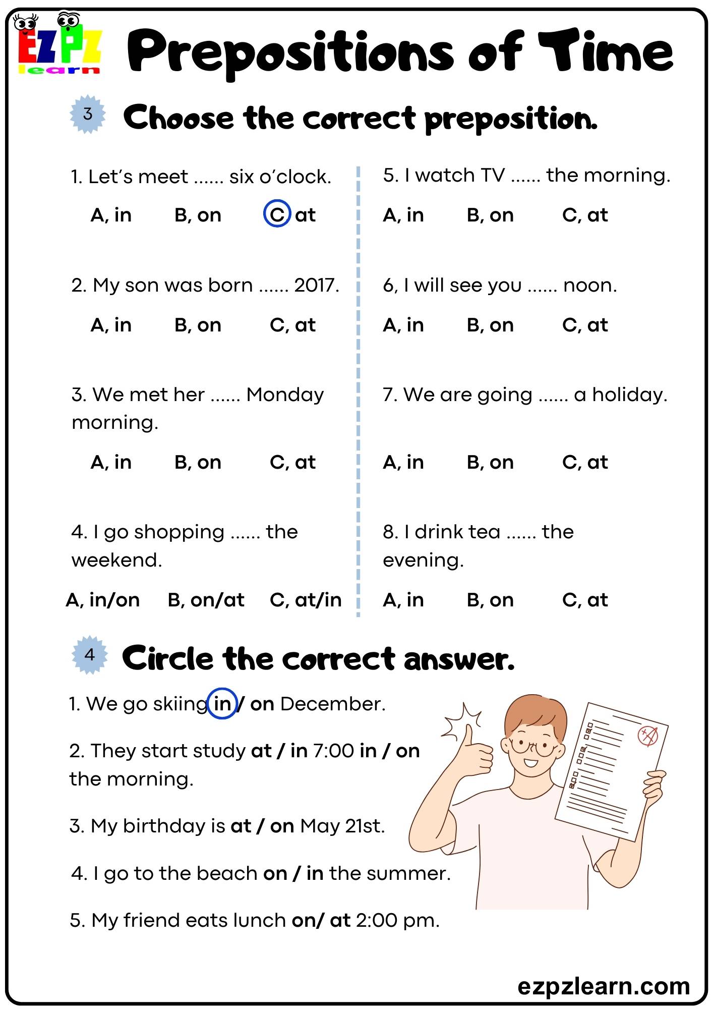 Prepositions of Time Choose the Correct Preposition Bk1 pdf - Ezpzlearn.com
